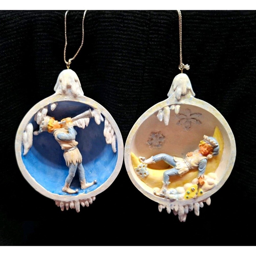 Vintage Christmas Elf Diorama Ornaments Set 2 3D Moon Horn Winter 4" Holiday